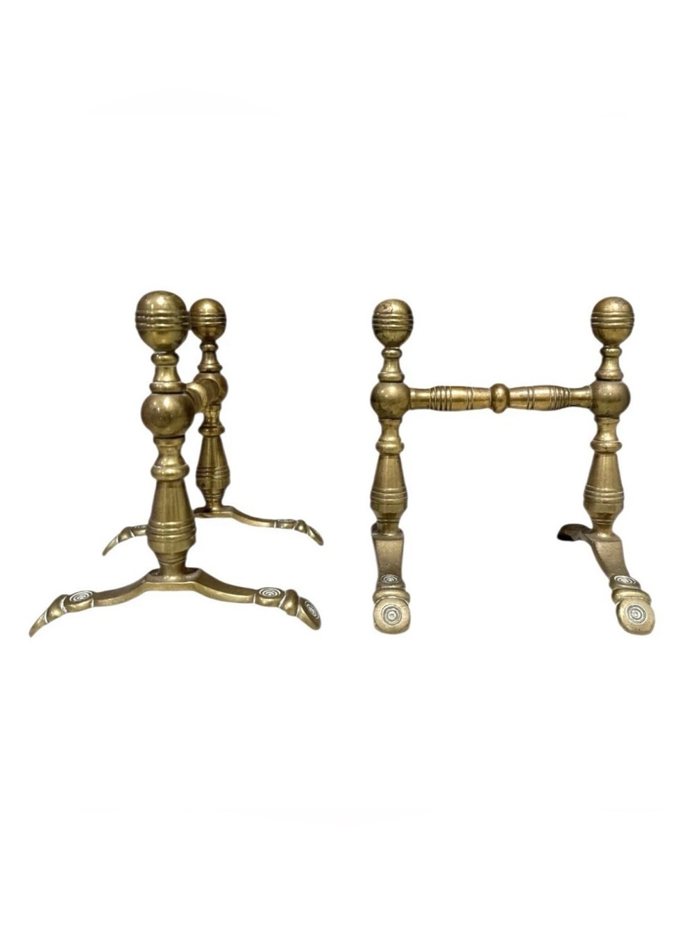 Antique 19th Century English Ornate Brass Fireplace Andirons Fire Dogs Tool Rest